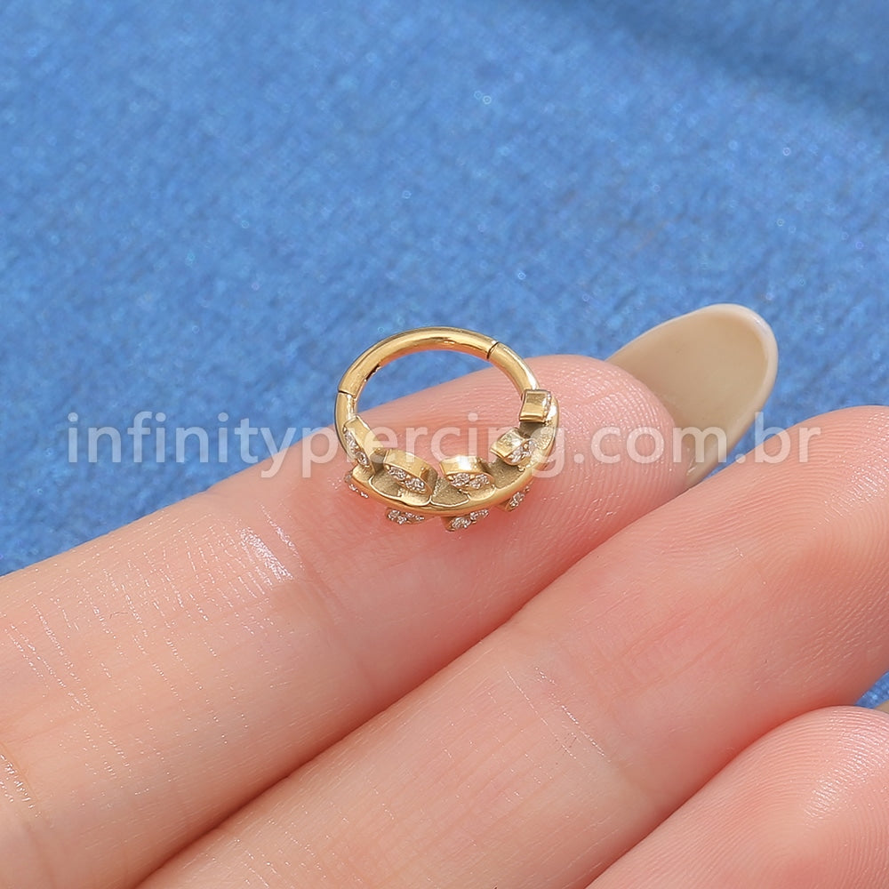 Piercing Argola Titânio Segmento Articulado Folhas Zircônia