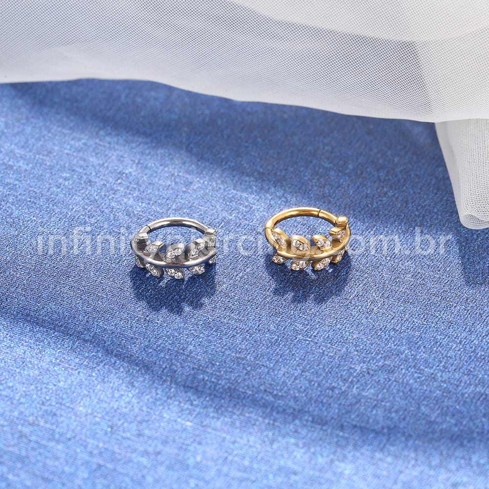 Piercing Argola Titânio Segmento Articulado Folhas Zircônia