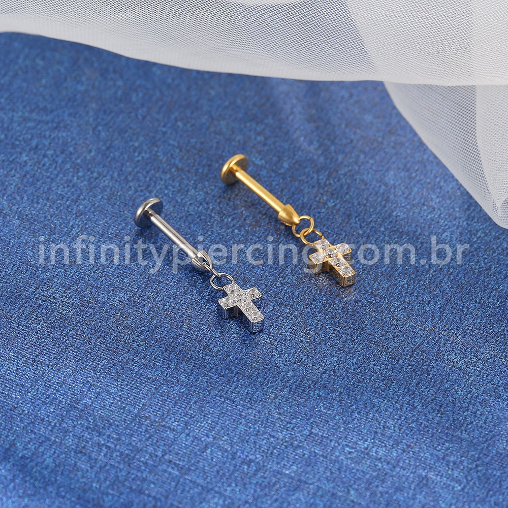 Piercing Labret Titânio Zircônia Pingente Cruz