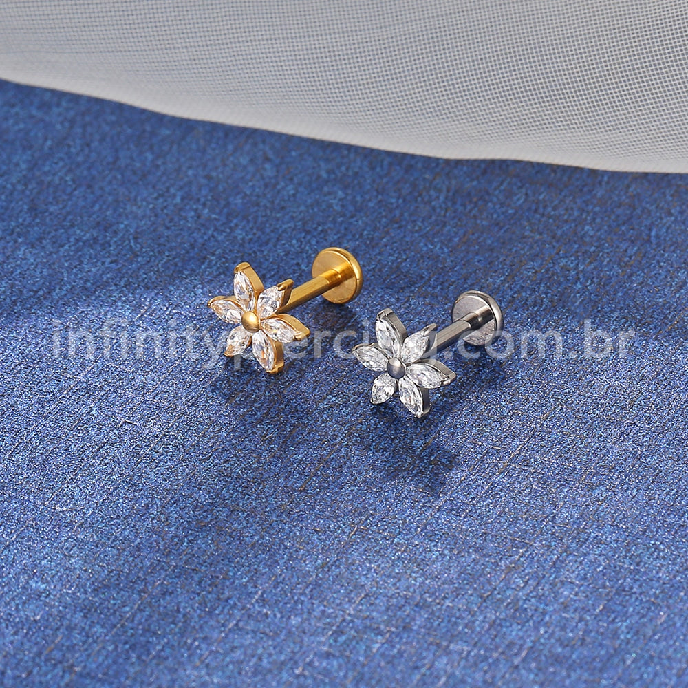 Piercing Labret Titânio Flor Zircônia Cravejada