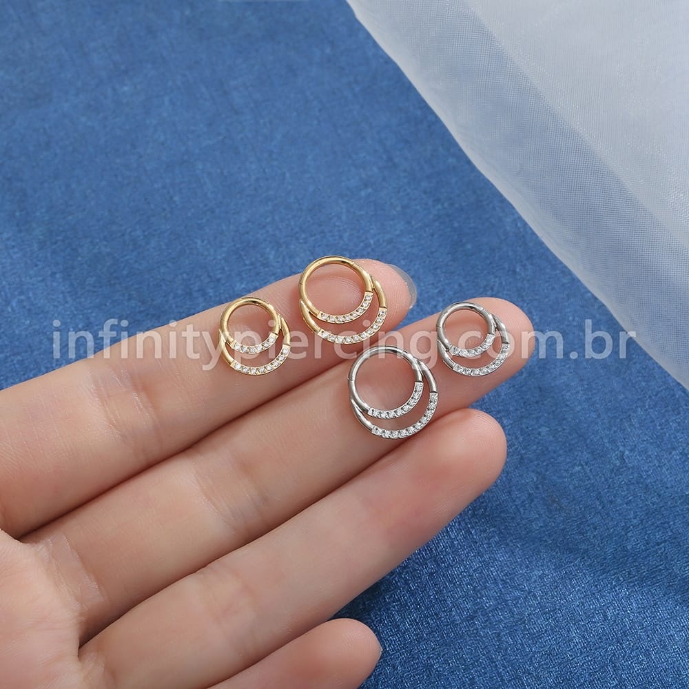 Piercing Argola Segmento Articulado Aço Cirúrgico Zircônia Cravejada Duplo