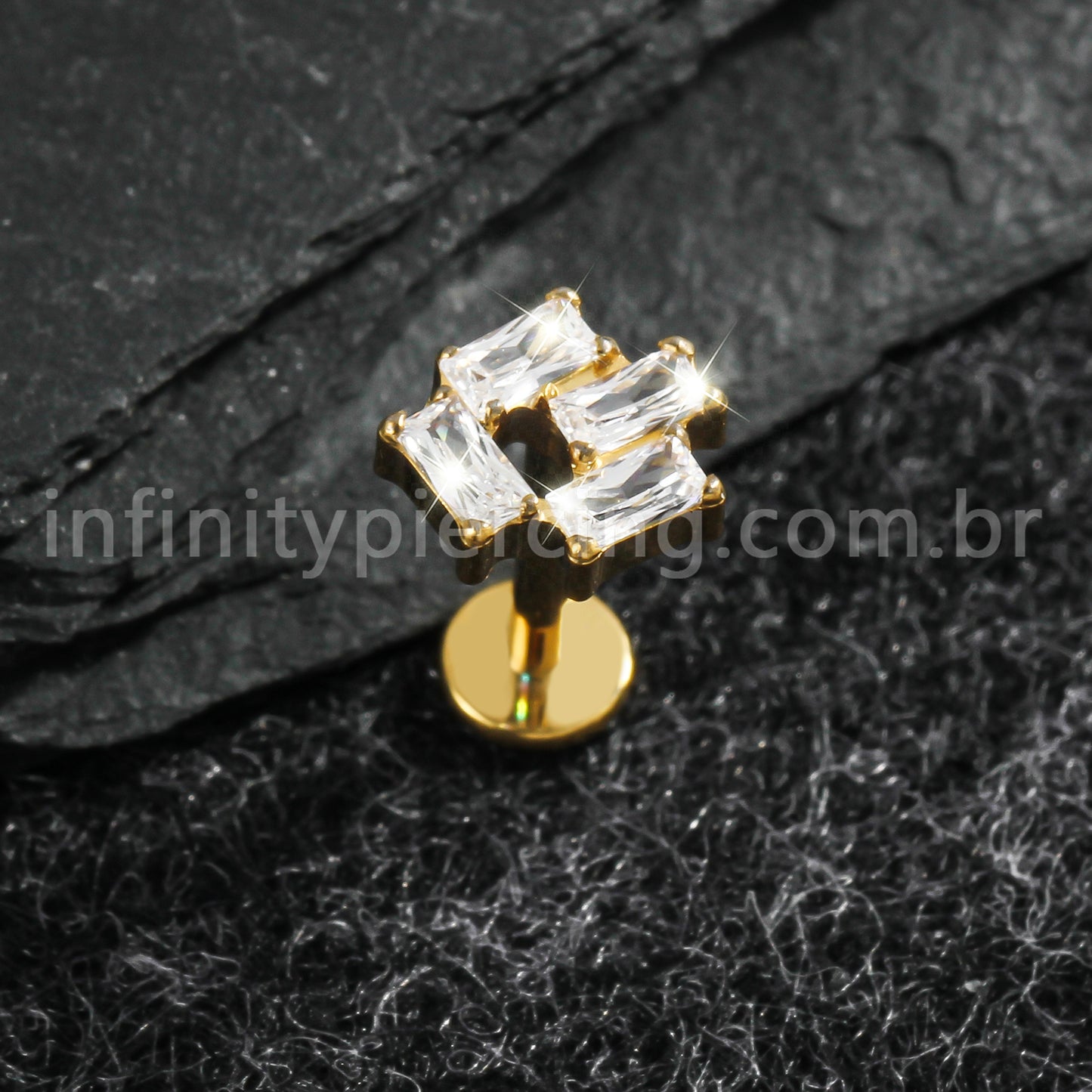 Piercing Labret Titânio Zircônia Retangular Cravejada