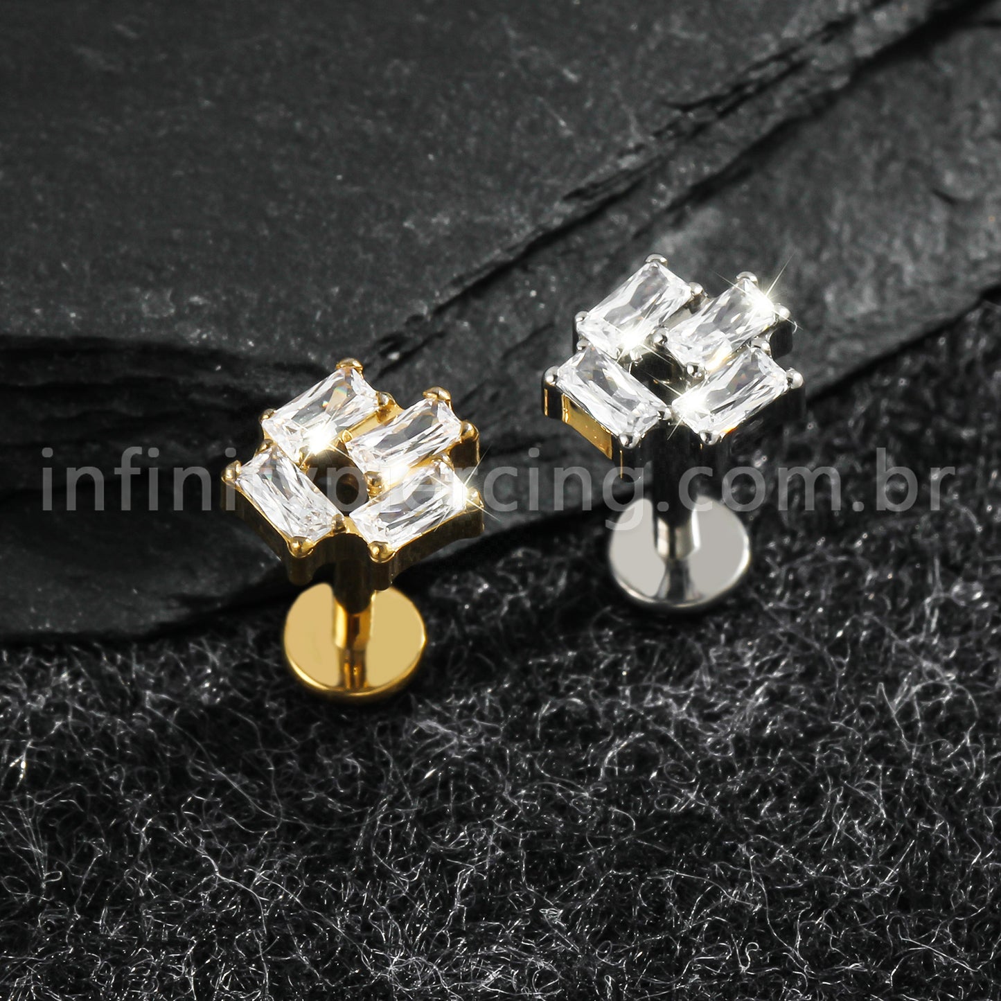 Piercing Labret Titânio Zircônia Retangular Cravejada