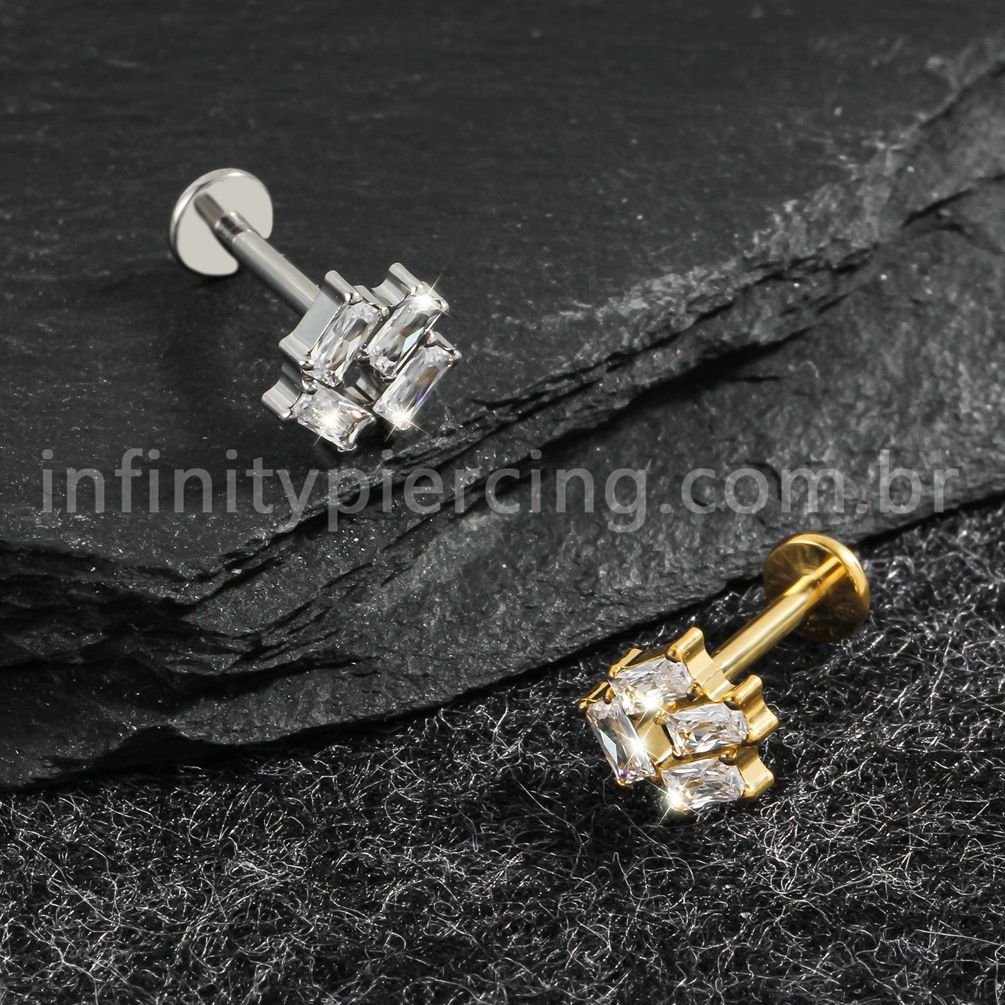 Piercing Labret Titânio Zircônia Retangular Cravejada