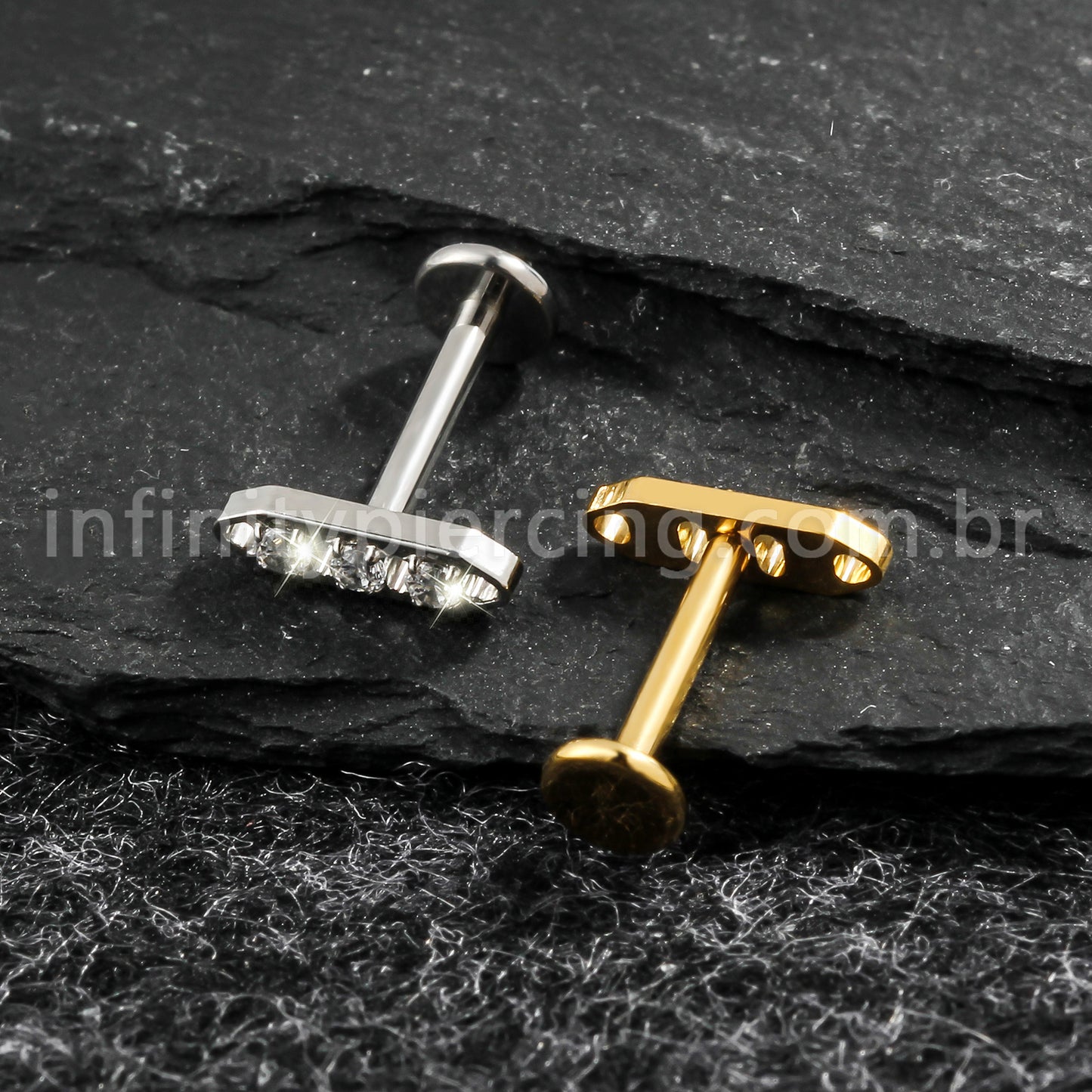Piercing Labret Titânio Barra 3 Zircônia Cravejada