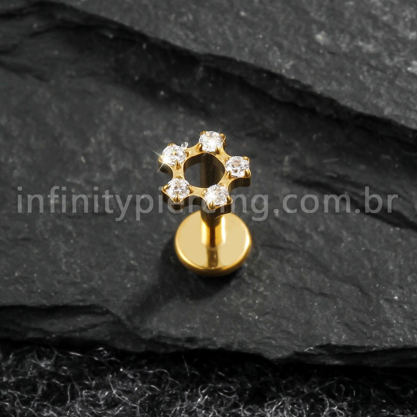 Piercing Labret Titânio Flor Vazada Zircônia Cravejada