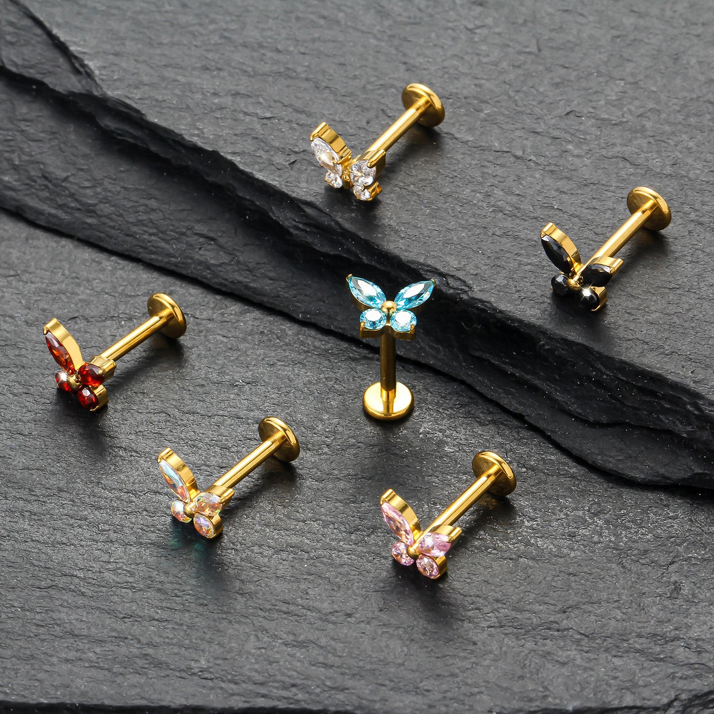 Piercing Labret Titânio Borboleta Zircônia Cravejada