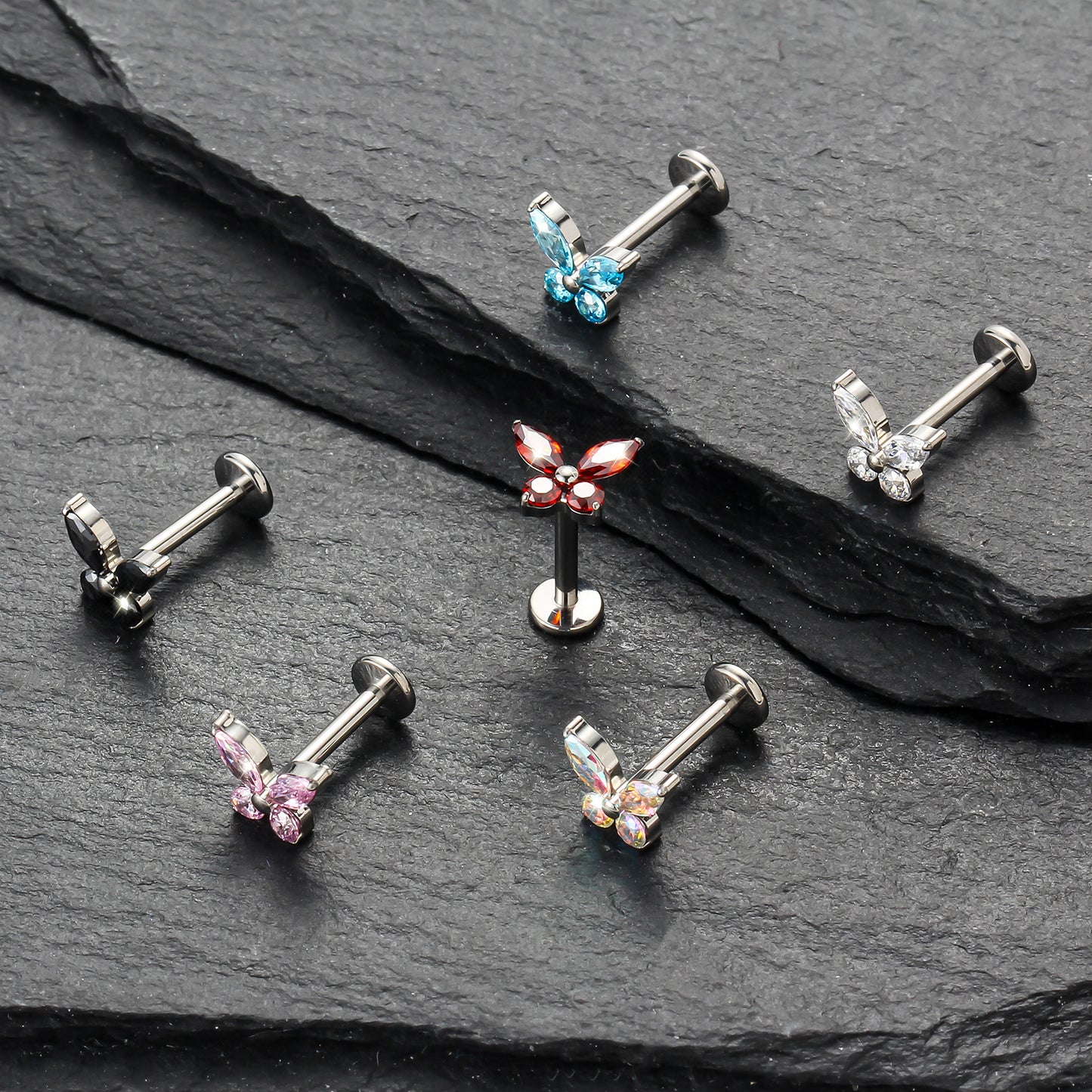 Piercing Labret Titânio Borboleta Zircônia Cravejada