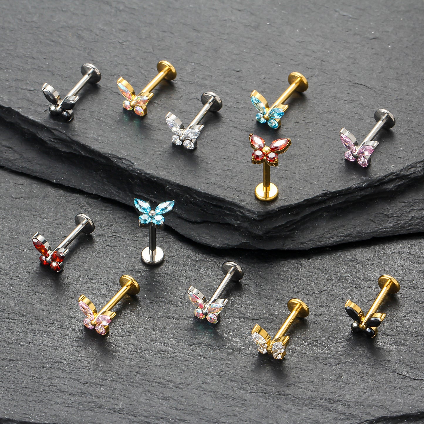 Piercing Labret Titânio Borboleta Zircônia Cravejada