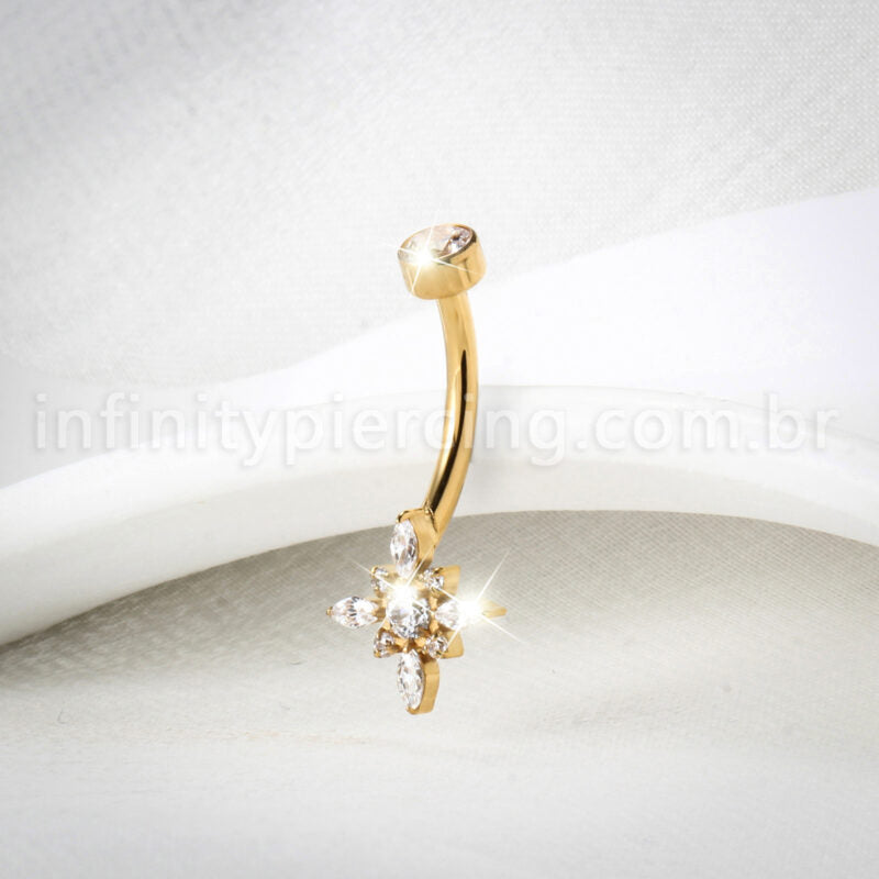 Piercing Banana Titânio Flor Zircônia Cravejada