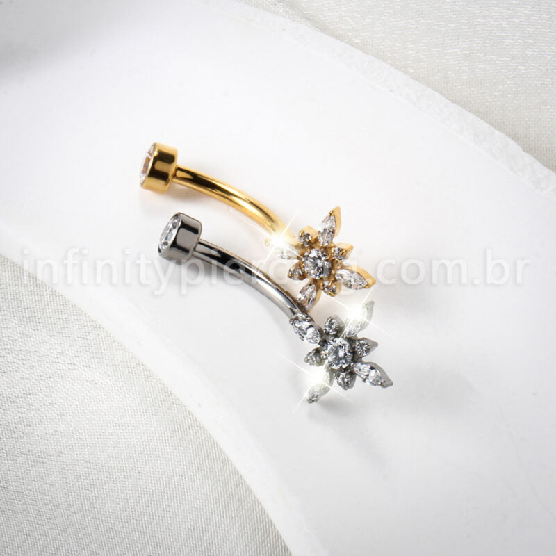 Piercing Banana Titânio Flor Zircônia Cravejada
