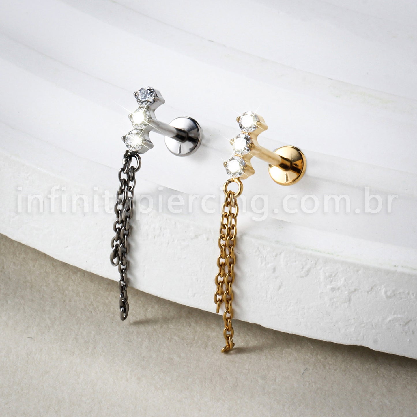 Piercing Labret Titânio 3 Zircônia Com Corrente