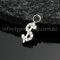 Pingente Para Piercing Titânio Cifrão Zircônia Cravejada