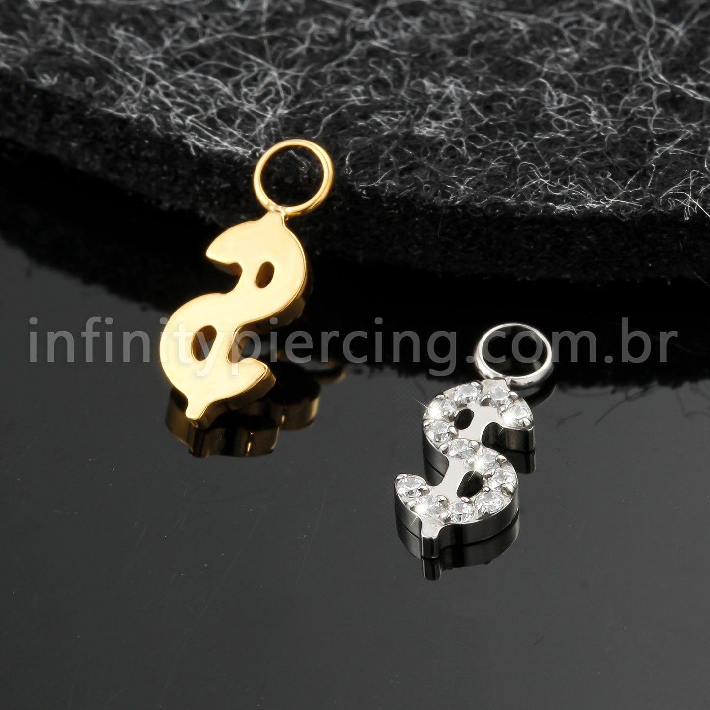 Pingente Para Piercing Titânio Cifrão Zircônia Cravejada