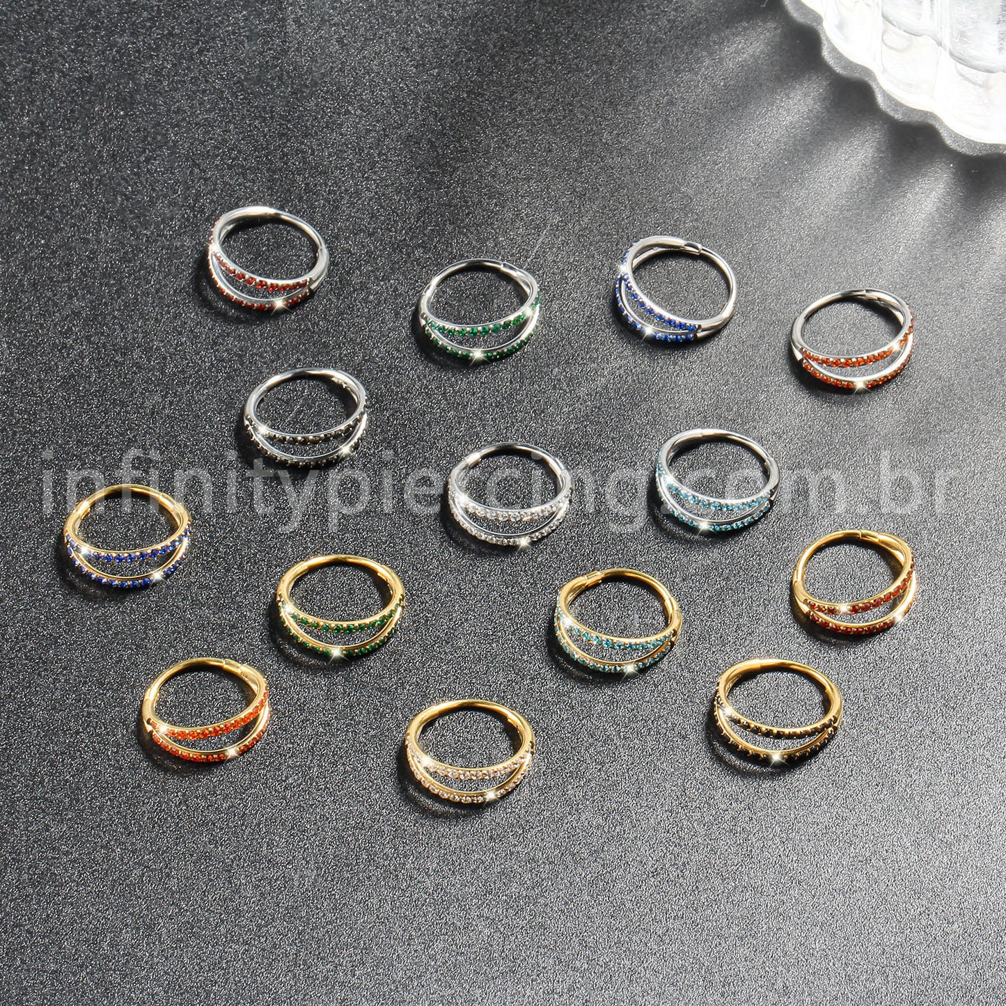 Piercing Argola Segmentada Titânio 2 Fileiras Zircônia Cravejada
