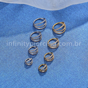 Piercing Argola Segmento Articulado Aço Cirurgico Zircôrnia 3 Fileiras Vazadas