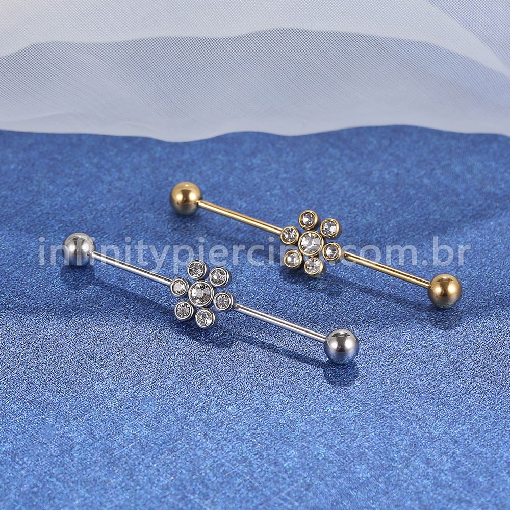 Piercing Transversal Aço Cirurgico Flor Zircônia