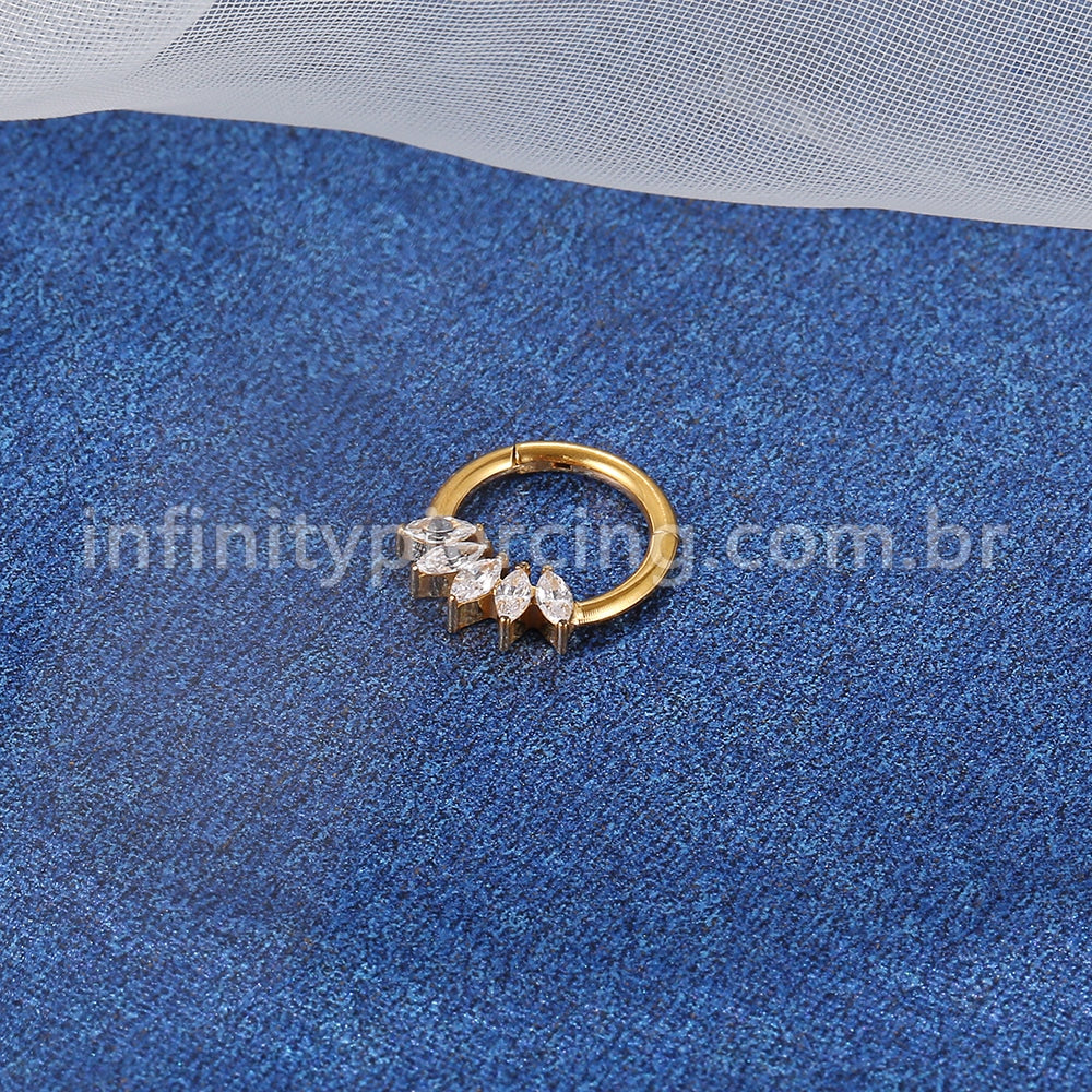 Piercing Argola Titânio Segmento Articulado 5 Pedras Zircônia Oval