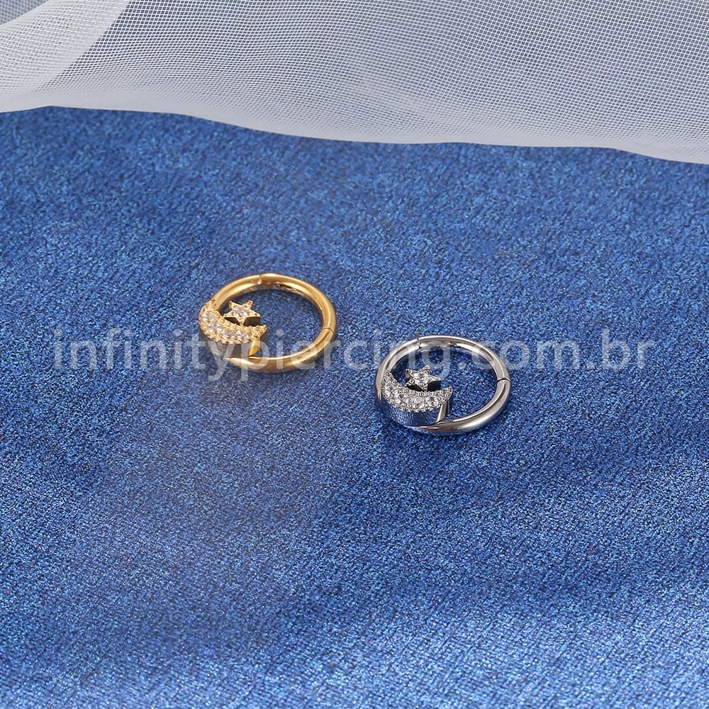 Piercing Argola Titânio Segmento Articulado Lua/Estrela Zircônia Cravejada