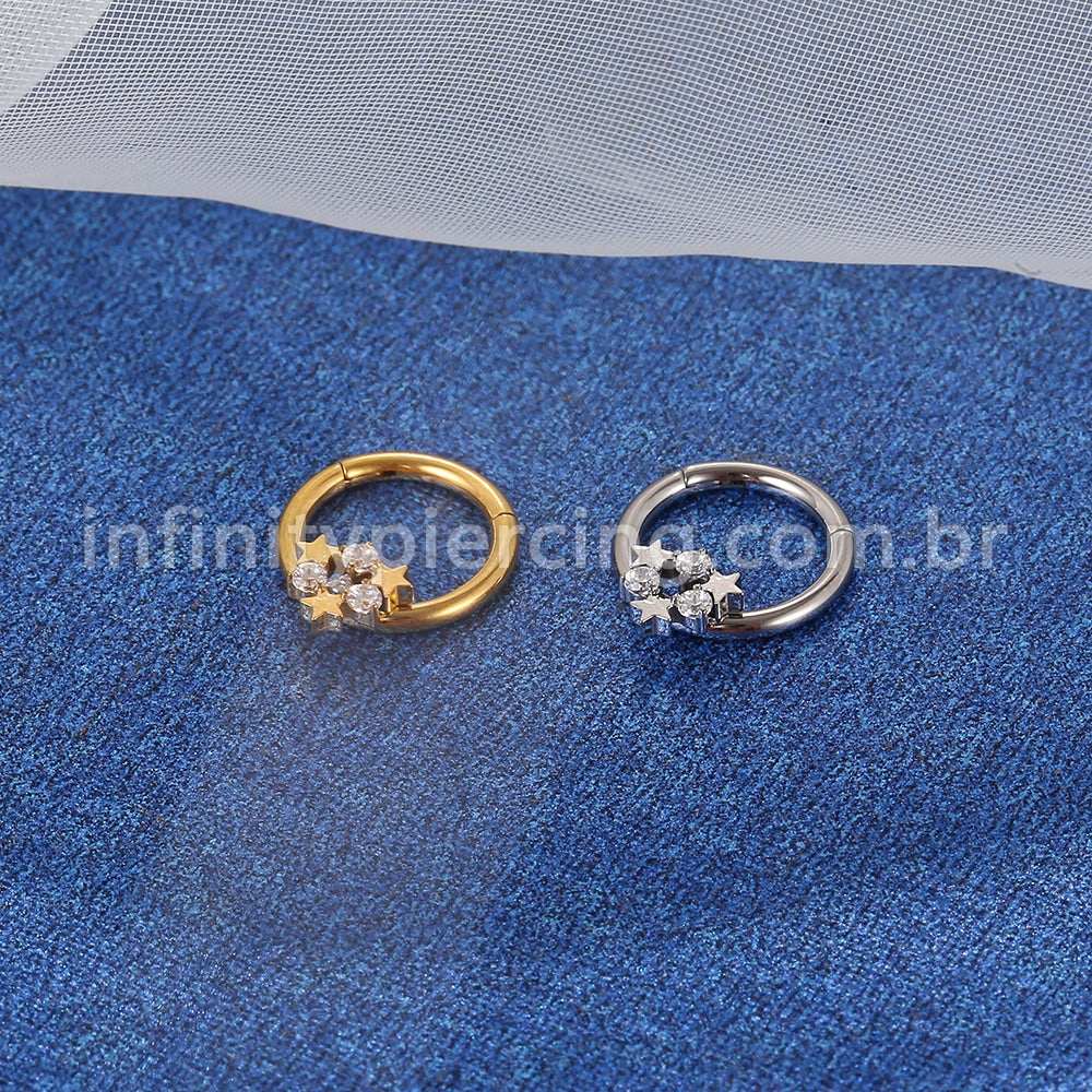 Piercing Argola Titânio Segmento Articulado Estrelas Com Zircônia Cravejada