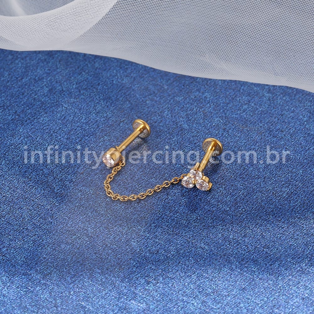 Piercing Labret Duplo Titânio Corrente Trio E Ponto De Luz Zircônia