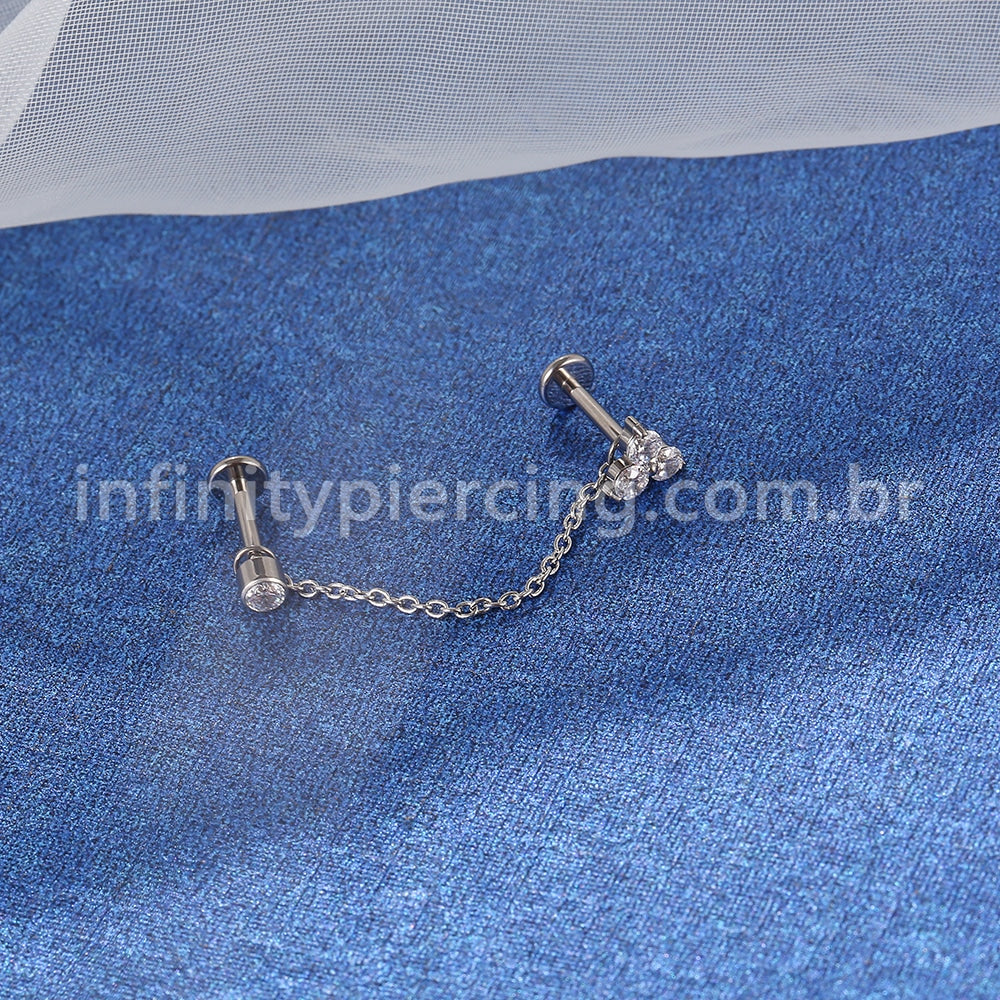 Piercing Labret Duplo Titânio Corrente Trio E Ponto De Luz Zircônia