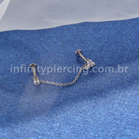 Piercing Labret Duplo Titânio Corrente Trio E Ponto De Luz Zircônia