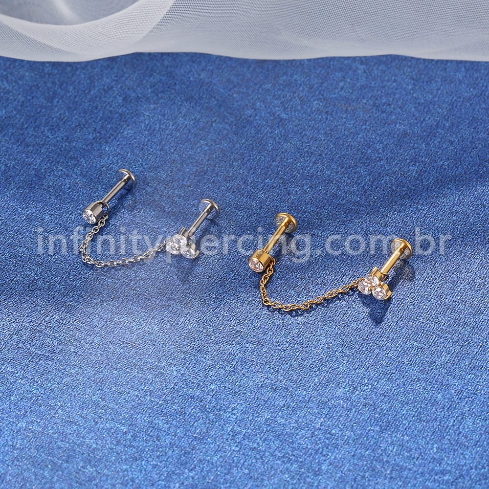 Piercing Labret Duplo Titânio Corrente Trio E Ponto De Luz Zircônia