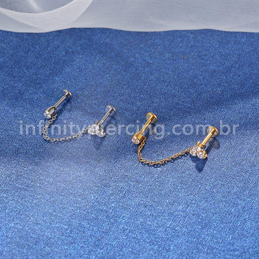 Piercing Labret Duplo Titânio Corrente Trio E Ponto De Luz Zircônia