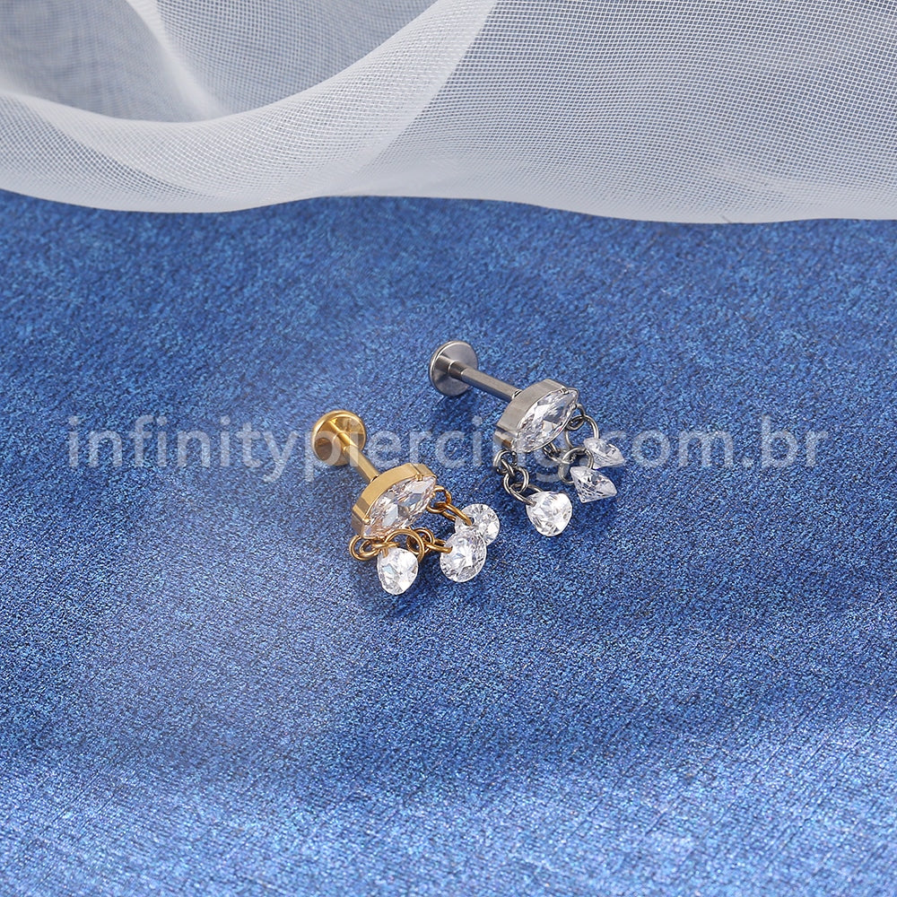 Piercing Labret Titânio Oval Com Pingentes Zircônia