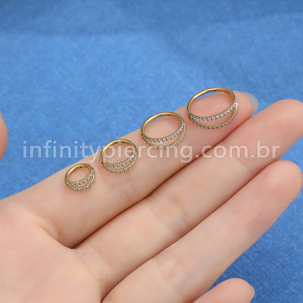Piercing Argola Titânio Segmento Articulado Dupla Fileira Zircônia Cravejada