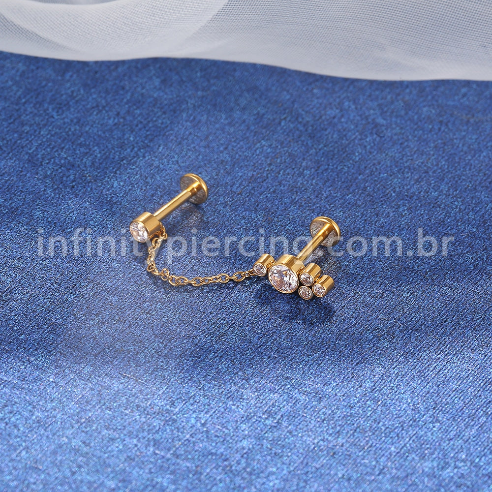 Piercing Labret Duplo Titânio Corrente Ponto De Luz E Indiano 5 Zircônias