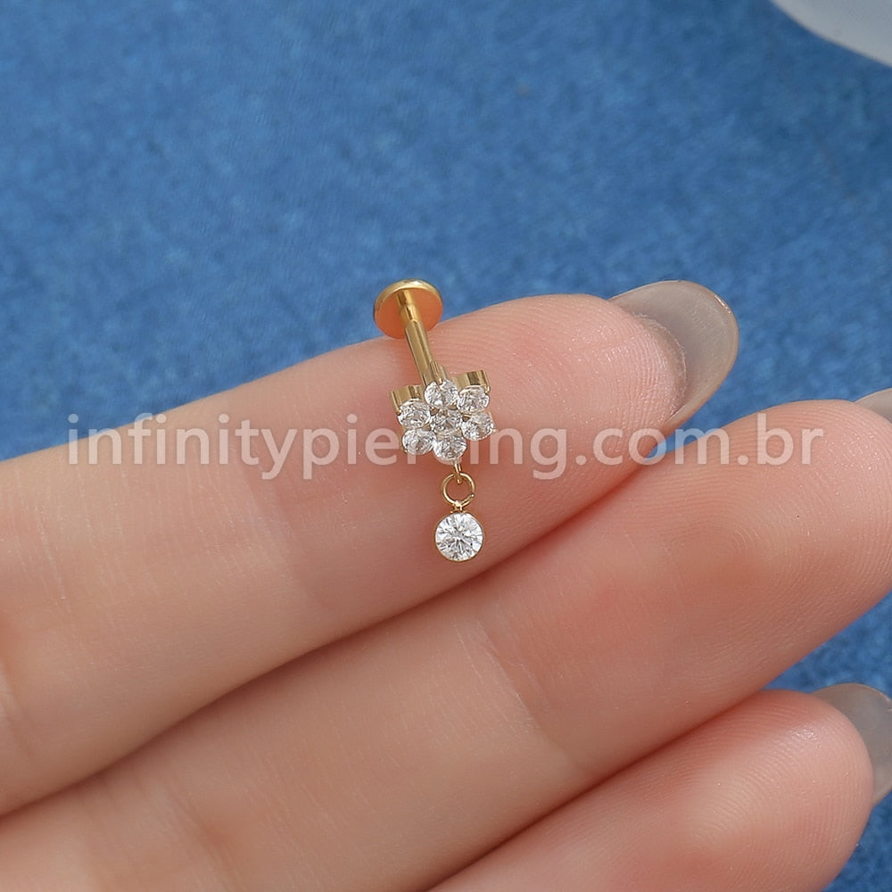 Piercing Labret Titânio Flor Com Pingente Zircônia