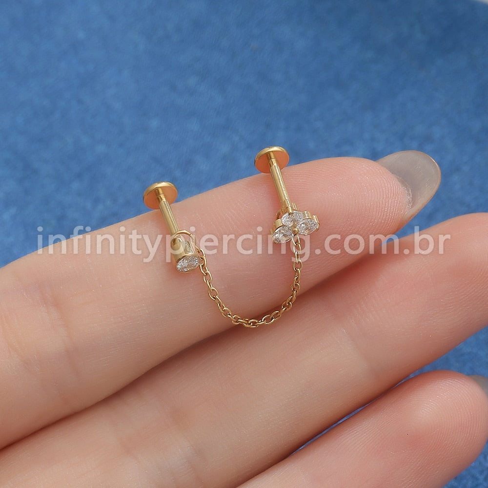 Piercing Labret Duplo Titânio Corrente Trio E Ponto De Luz Zircônia