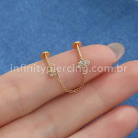 Piercing Labret Duplo Titânio Corrente Trio E Ponto De Luz Zircônia