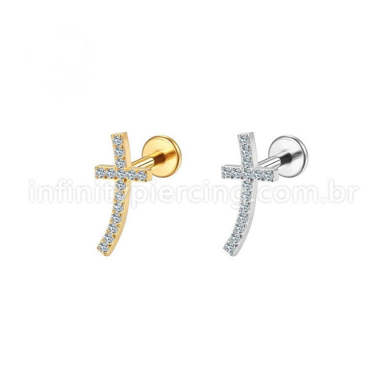 Piercing Labret Aço Cirúrgico Cruz Curva Zircônia
