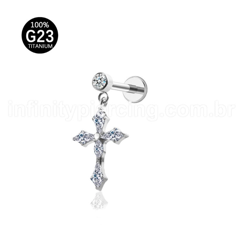 Piercing Labret Titânio Com Pingente Cruz