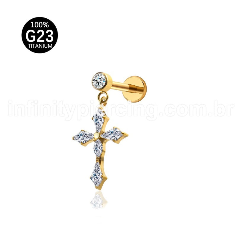 Piercing Labret Titânio Com Pingente Cruz