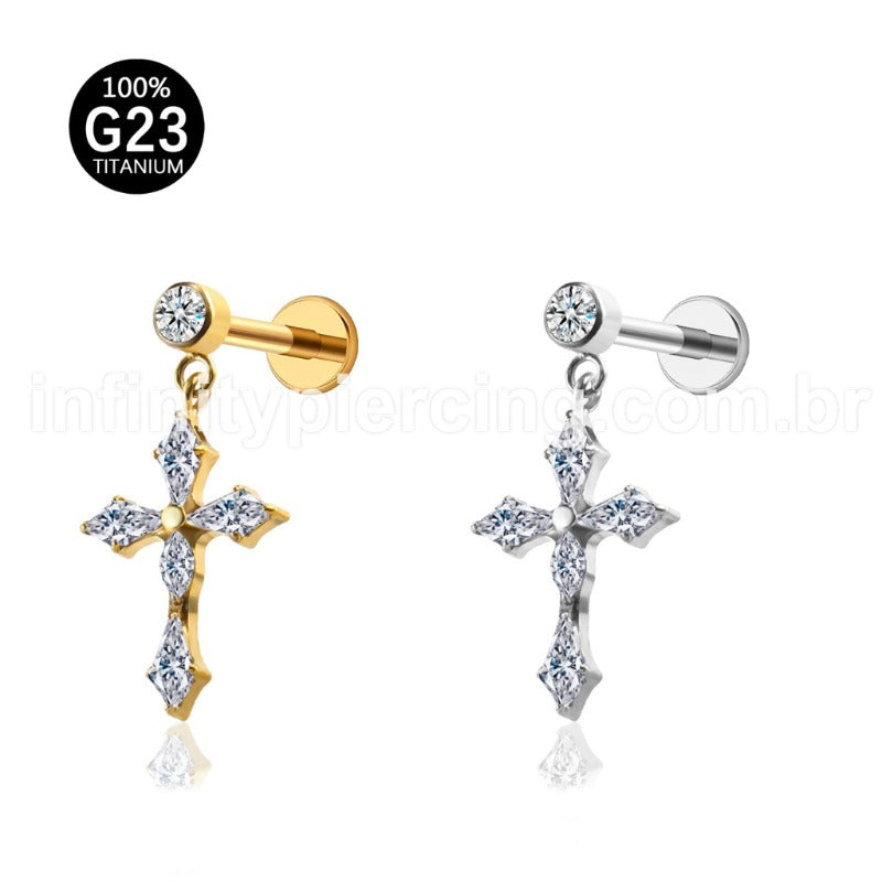 Piercing Labret Titânio Com Pingente Cruz