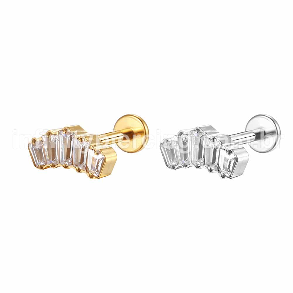Piercing Labret Aço Cirúrgico 5 Pedras Zircônia Cravejada