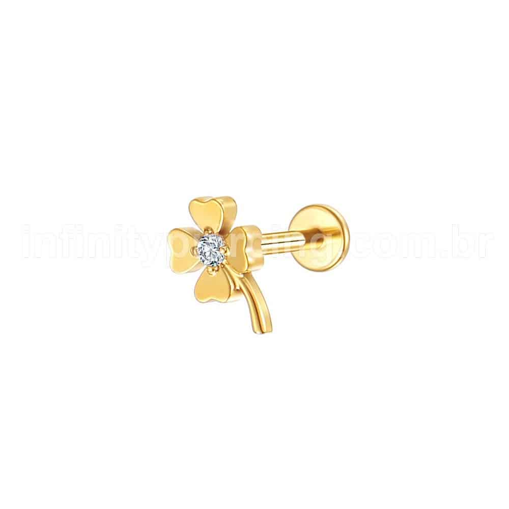 Piercing Labret Aço Cirúrgico Trevo Da Sorte Zircônia Cravejada