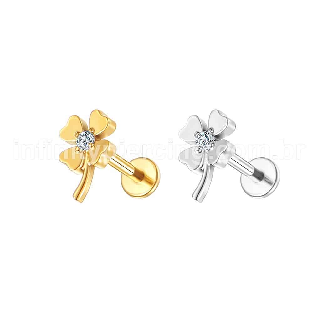 Piercing Labret Aço Cirúrgico Trevo Da Sorte Zircônia Cravejada