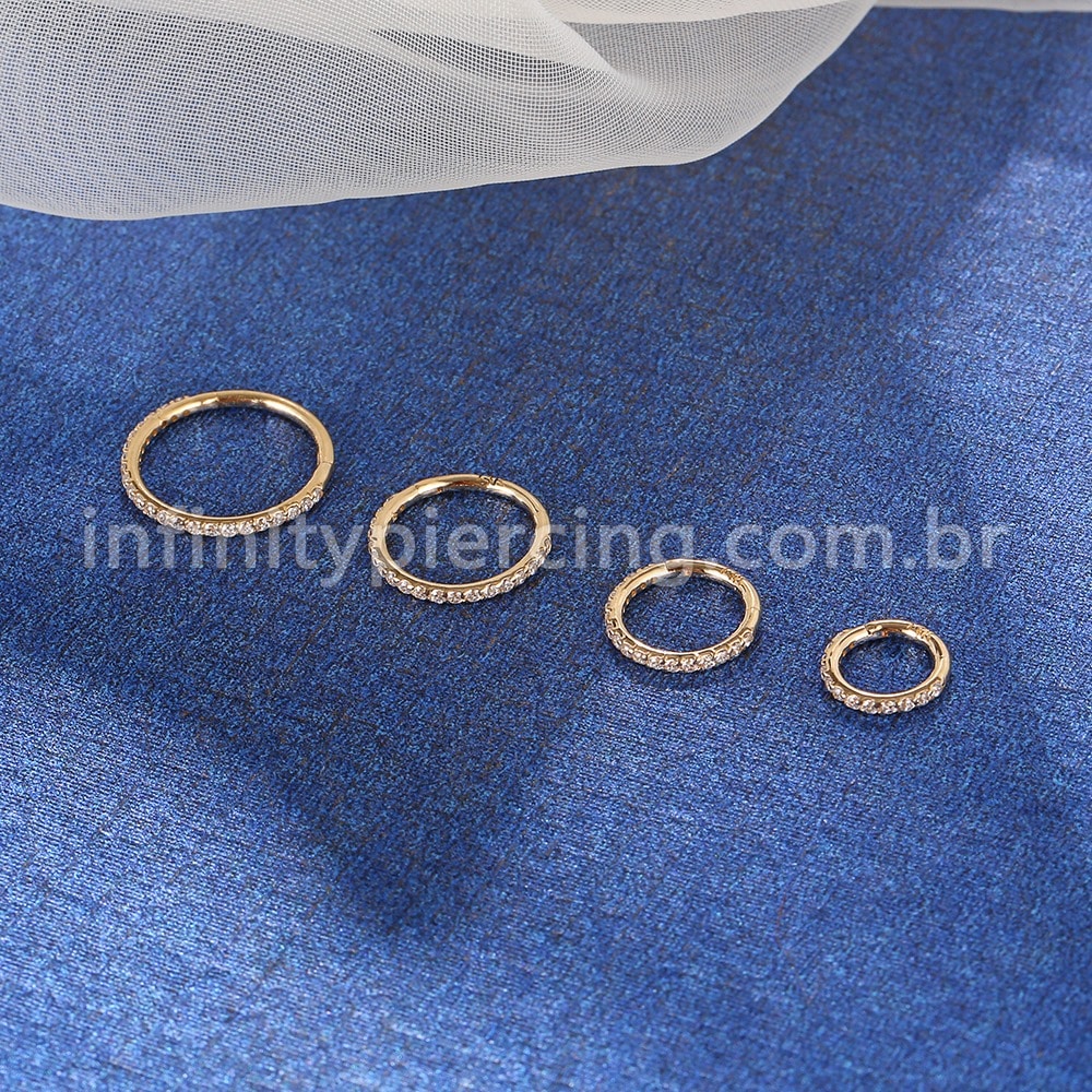 Piercing Argola Segmento Articulado Ouro 14K Zircônia Cravejada