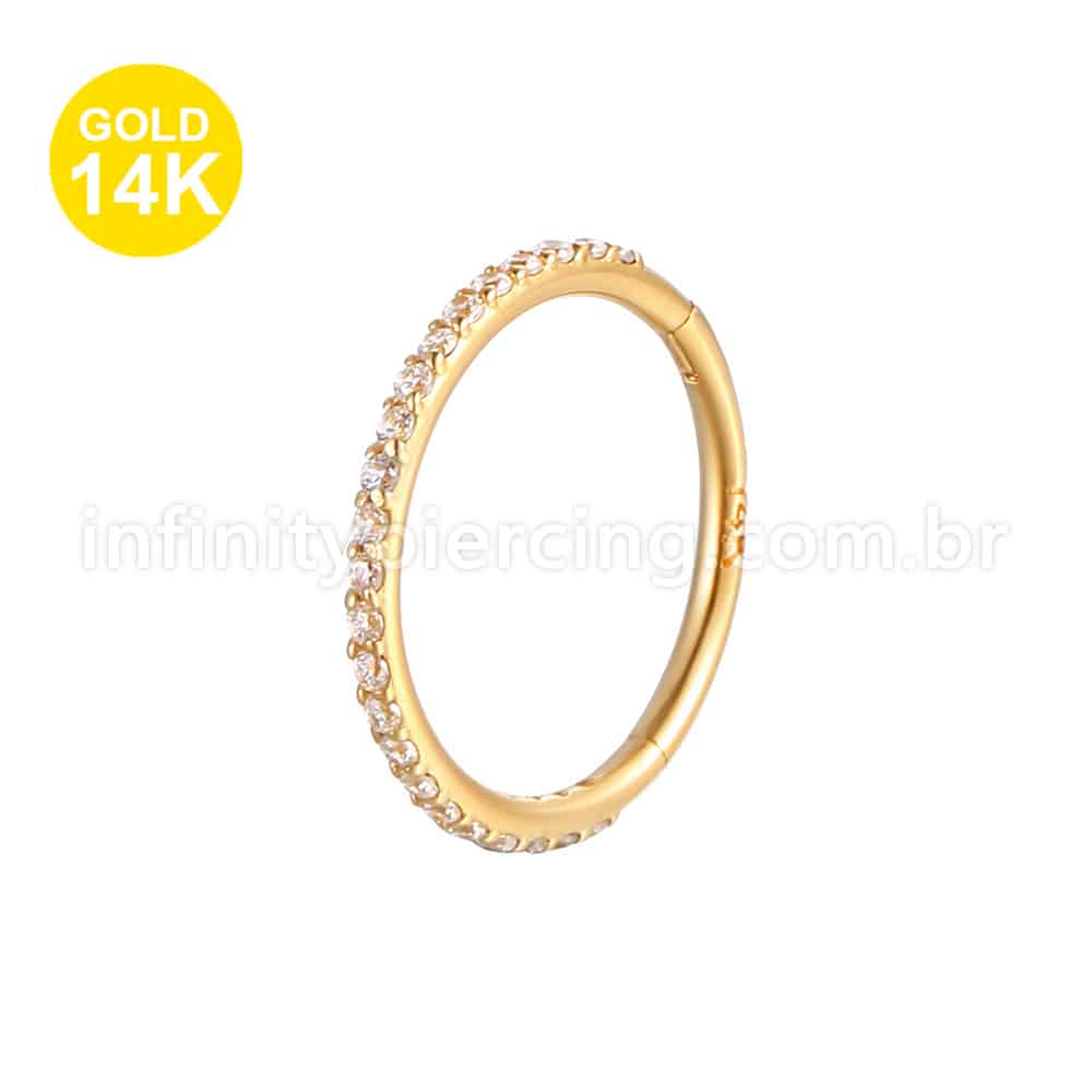 Piercing Argola Segmento Articulado Ouro 14K Zircônia Cravejada