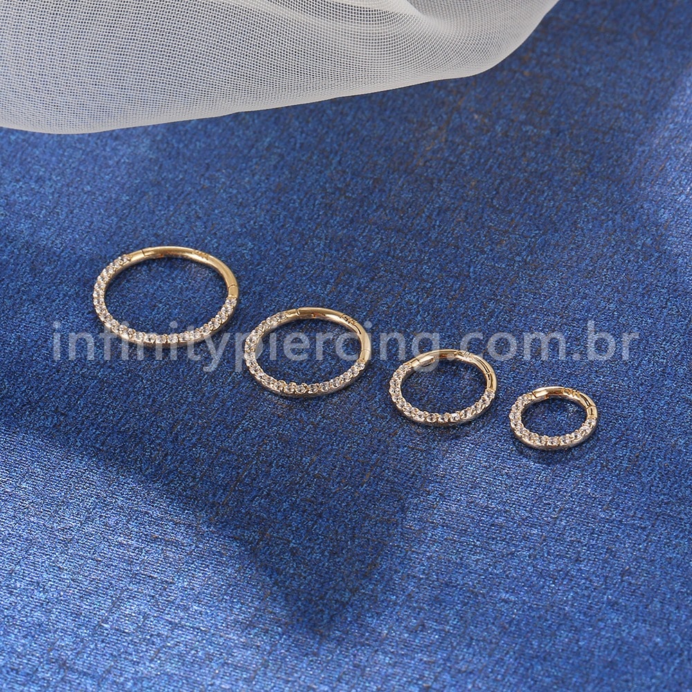 Piercing Argola Segmento Articulado Ouro 14K Zircônia Cravejada Frontal