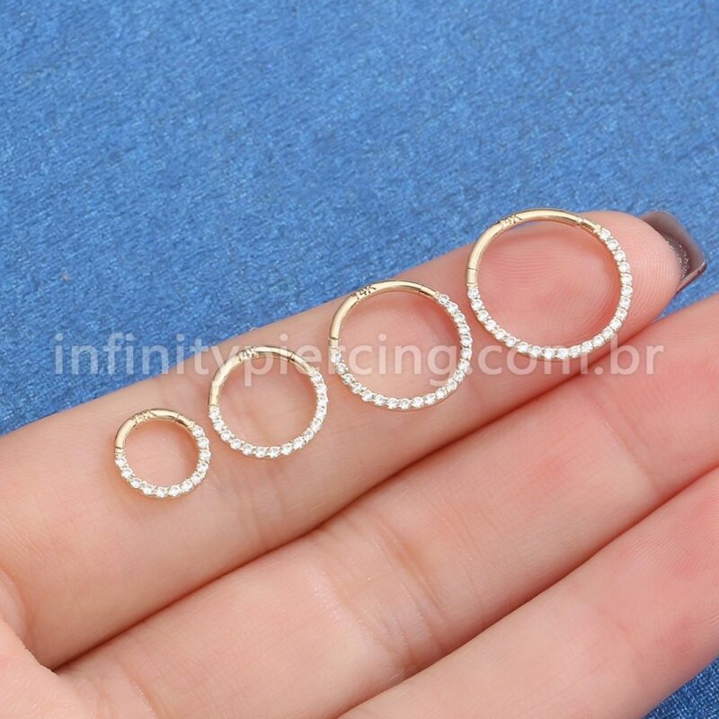 Piercing Argola Segmento Articulado Ouro 14K Zircônia Cravejada Frontal