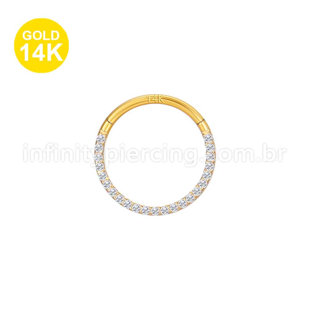 Piercing Argola Segmento Articulado Ouro 14K Zircônia Cravejada Frontal