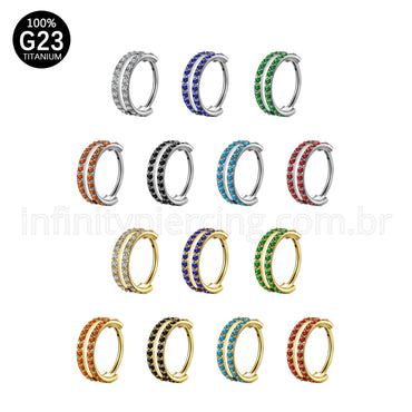 Piercing Argola Segmento Articulado Titânio 2 Fileiras Vazadas Zircônia Cravejada