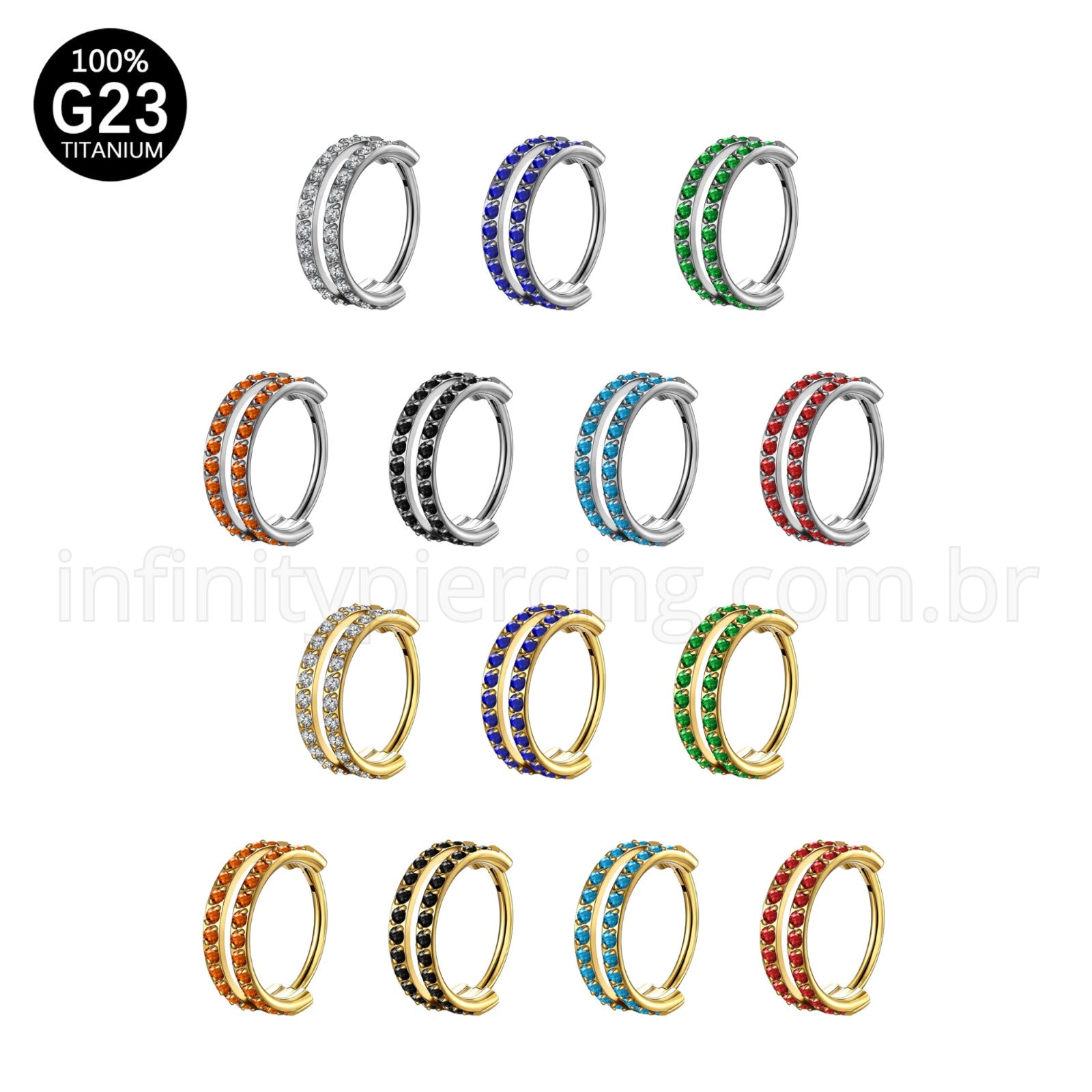 Piercing Argola Segmento Articulado Titânio 2 Fileiras Vazadas Zircônia Cravejada