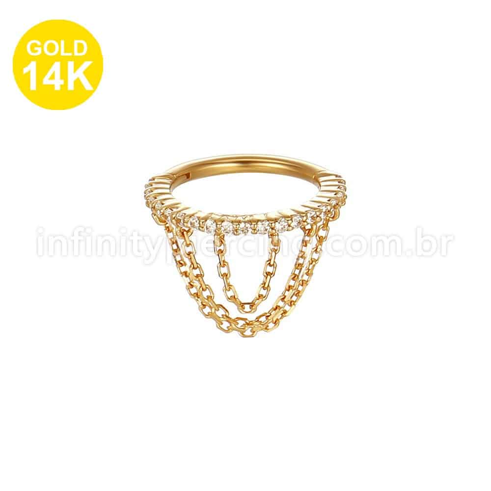 Piercing Argola Segmento Articulado Ouro 14K Com Correntes